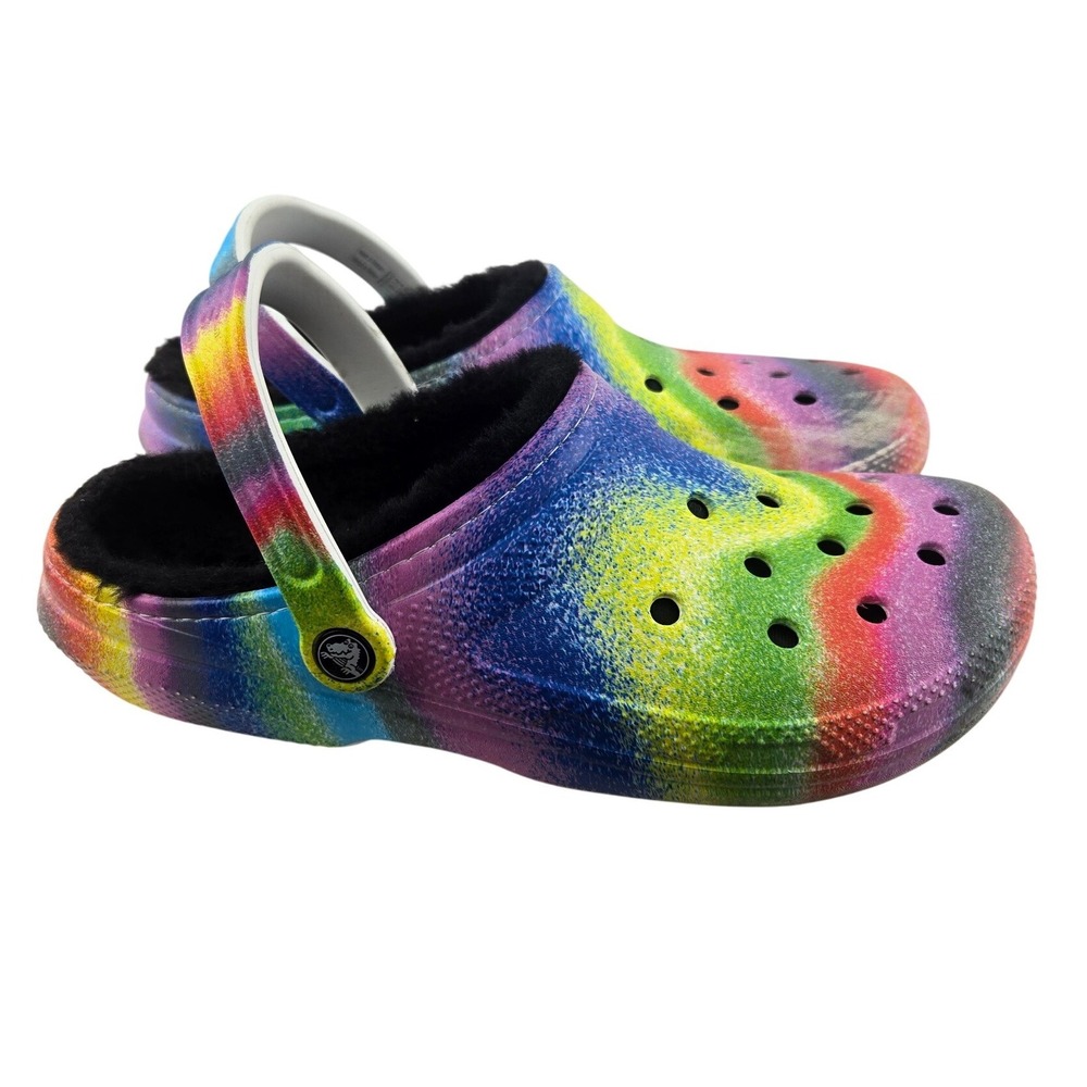 Crocs Classic Lined Spray Dye Clogs Mens 10 Womens 12 Rainbow Tie Dye Black